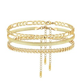 CAROVO Gold Ankle Bracelets for Women 14K Real Gold Plated Layered Anklet Waterproof Set Snake Cuban Figaro Chain Stackable Anklets Set Beach Jewelry for Women