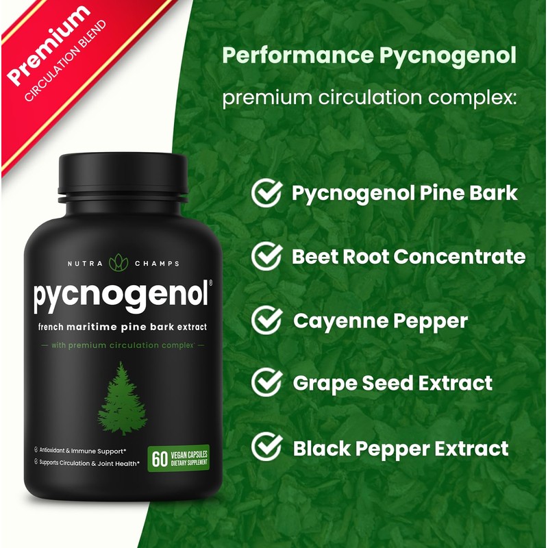 NutraChamps Pycnogenol French Maritime Pine Bark Extract, Premium Circulation Complex,