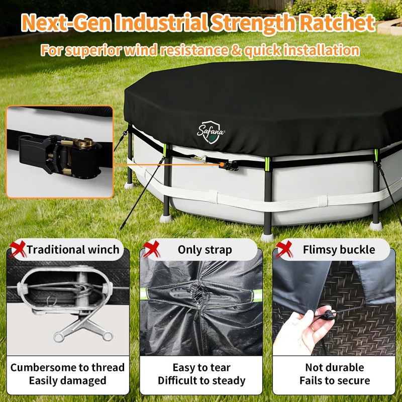 Safana 10FT Round Pool Cover [2026 Super Windproof Rachet Strap
