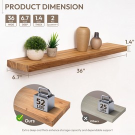 Marsmiles 36 inch Floating Shelves for Wall Solid Elm Wood Shelves|Rustic Wall Shelves with Invisible Heavy-Duty Bracket for Bathroom Living Room Kitchen|Natural, 2 Pack