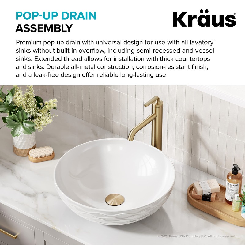 KRAUS Bathroom Sink Pop-Up Drain Assembly in Brushed Gold for