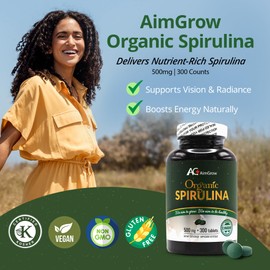 Aimgrow Organic Spirulina Tablets, Nutrient-Rich Spirulina for Eye and Skin Health, Canada Organic, Non-GMO and Gluten-Free, 500mg, 300 Tablets