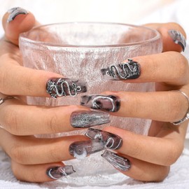 Sethexy Punk Long Coffin False Nails Handmade Rhinestone Glitter Glossy Fake Nails 3D Dragon Crystal Moon Press On Nails Hand-painted Salon Quality Nail Removable for Women and Girls(Z)
