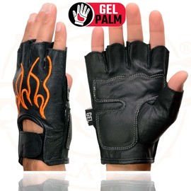 Milwaukee Leather SH198 Men's Black Leather Gel Padded Palm Fingerless Motorcycle Hand Gloves W/ ‘Orange Flame Embroidered’ - 2X-Large