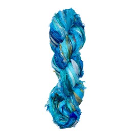 Maker's Craft Recycled Fuzzy Fringes Sari Silk Ribbon Yarn 35yards, 100Grams for DIY Knitting Crocheting Gift Wrapping, Christmas Decoration, Macrame Makers, Jewelry Making, Rugs Hooking (Aqua)