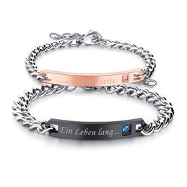 JewelryWe Jewellery Gift Ideas - One Pair of “Ein Leben Lang” Silver Partner Bracelets, Black, Rose Gold, Silver, Made Of Stainless Steel, Customisable, Stainless Steel, Lady: an Deiner Seite/Lord: ein Leben lang