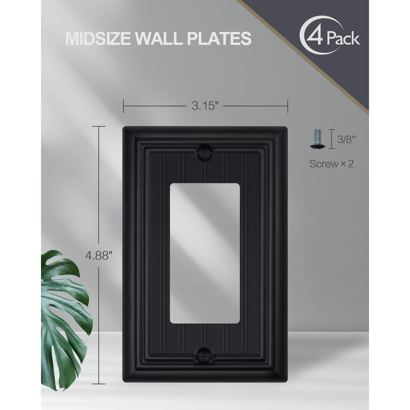ZILLSEA 4-Pack Black Wall Outlet Covers, Classic Beadboard Switch Plate