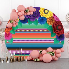 AOFOTO 6.5x6.5ft Mexican Fiesta Theme Round Backdrop Colorful Stripes Paper Flower Cinco De Mayo Carnival Mexican Festival Party Decor Photography Background Photo Studio Booth Props Supplies