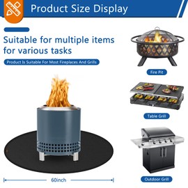 Round Under Grill Mat for Outdoor Grill, 60 Inch Anti-Slip BBQ Floor Mats, Easy to Clean Reusable Fireproof Grill Pad, Oil-Proof Waterproof Protector for Deck Fireplace Pit Mat Black