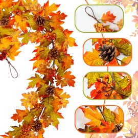 6ft Fall Garland with Lights,Autumn Garlands with Berry Pine Leaves,Floraleaf Garland for Mantle Table, Thanksgiving Indoor and Outdoor Fall Decor