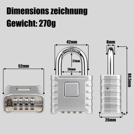 4-Digit Heavy Combination Lock, Diyife 52 mm Heavy Duty Padlock with 8 mm Thick Shackle, Made of 304 Stainless Steel, Waterproof and Theft-Proof for Yard, Fence, Garages, Gates - Silver