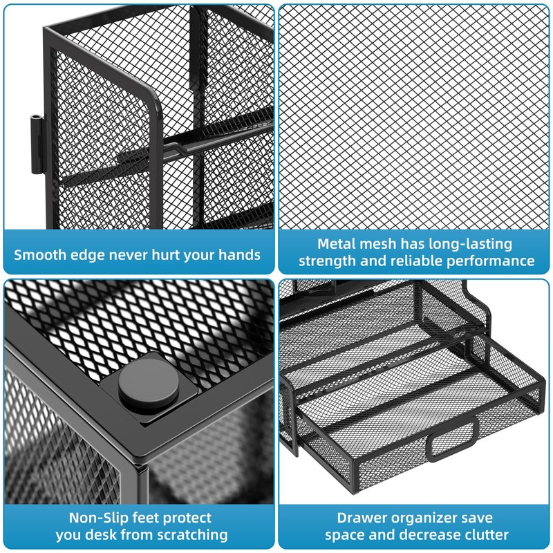 Marbrasse Larger Mesh Desk Organizer with Drawer, Multi-Functional Pen Pencil