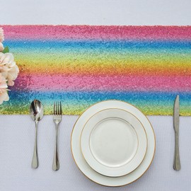 2 Packs 12 x 108 inches Rainbow Sequin Table Runner, Glitter Rainbow Table Runner for Wedding Birthday Bachelorette Holiday Party Supplies Decorations Bridal Shower Baby Shower
