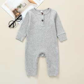 MAHUAOYIXI Infant Baby Boy Girl Solid Color Romper Knit Ribbed Full Length Jumpsuit Newborn Boys' Long Sleeve Bodysuits Button Up Long Pants Fall Winter One-Piece Outfits (Gray, Newborn)