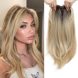 Molefi Hair Toppers for Women with Thinning Hair,18 Inch Long Layered Topper,Add Volume Synthetic Wiglets Pieces For Women 6.5"x6.5"Large Base for Daily Use (Ombre Blonde with Dark Root)