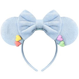 Nahalesy Colorful Hearts Mouse Ears Headband for Women Cute Fuzzy Blue Bows Headband for Women