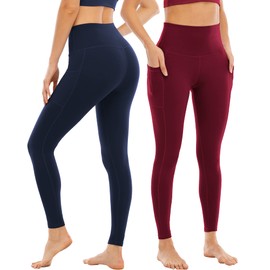 YOUNGCHARM 4 Pack Leggings with Pockets for Women,High Waist Tummy Control Workout Yoga Pants BlackDGrayNavyBurgundy-L