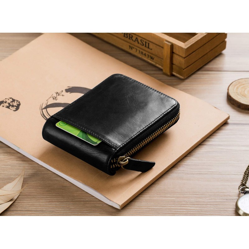 BULLCAPTAIN Mens Genuine Leather Zipper Wallet RFID Blocking Bifold Zip