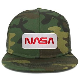 Armycrew Oversize XXL NASA Worm Red Text Patch Camouflage Flatbill Mesh Snapback Cap - Camo Olive - 2XL