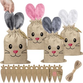 12 Set Easter Bunny Bags with Drawstring Easter Burlap Bags 8 x 10 Inch Cute Furry Rabbit Ears Design Cookies Chocolate Bunny Party Favors Candy Egg Hunts for Holiday Gift Giving (Gray Pink White)