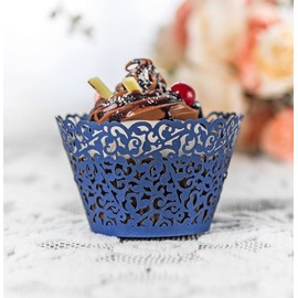 YOZATIA 60PCS Standard Navy Blue Cupcake Wrappers, Laser Cut Vine Lace Cupcake Decorative Liners for Party Supplies (Navy Blue)