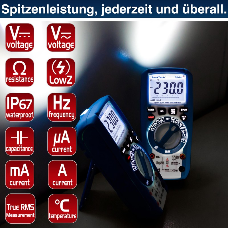 PeakTech 3443 Digital Multimeter with LED Lamp, Waterproof (IP67), 6000