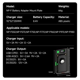 CITYORK Upgraded NP-F Battery Adapter Plate with Digital Display&LED Fill Light,USB-C Port 5V 3A/PD Fast Charging, Output 8V 5A 5.5x2.1mm,12V 2A 5.5x2.5mm, Compatible with Sony NP-F Series Battery