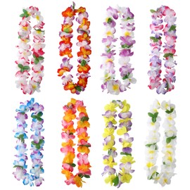Hawaiian Leis, 8Pcs Leis for Luau Party Flower Lei Bulk Hawaiian Necklace for Women Colorful Silk Flower Necklace Tropical Hawaiian Party Decorations for Birthday Wedding Holiday Summer Beach