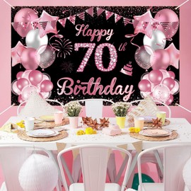 70th Birthday Banner Rose Red Black, Waylipun 70th Birthday Party Background Decoration, Large Fabric 70 Year Birthday Decoration Poster for 70th Girls Table Wall Decoration Accessories, 180 x 110 cm