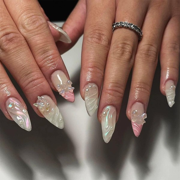 Press on Nails Medium Almond Fake Nails French Tip False