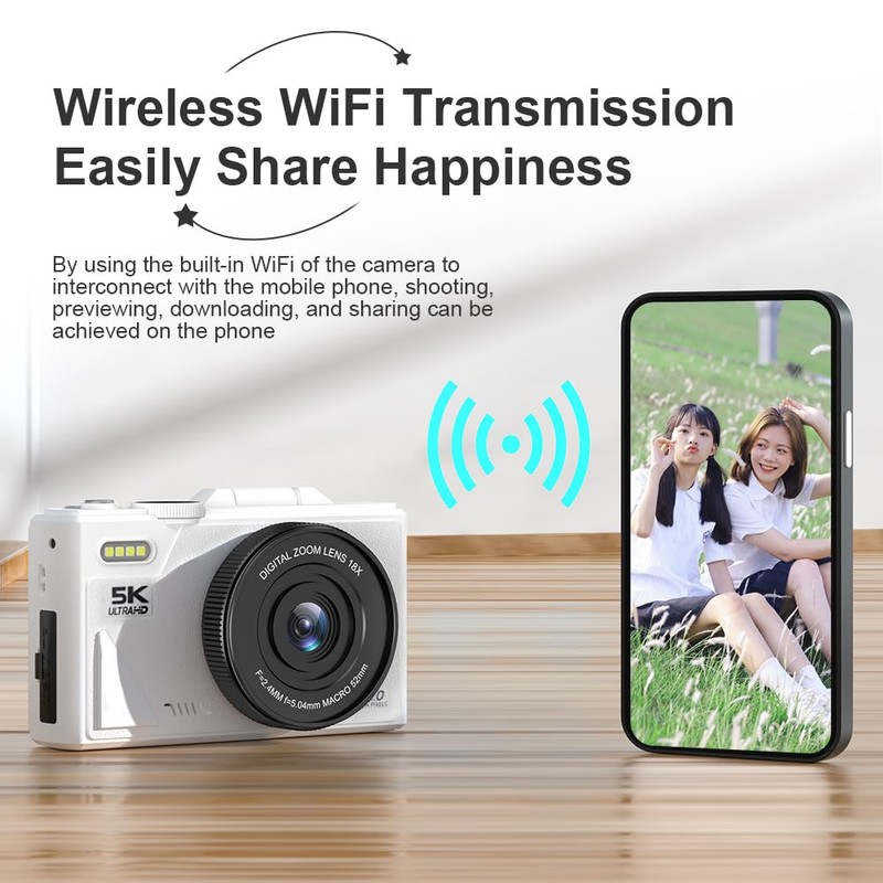 5K Digital Camera with 18X Optical Zoom, 75MP Vintage Digital