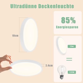 cupgow LED Ceiling Light Kitchen Lamp White - Ceiling Light Flat Round Diameter 18 cm Bedroom Lamp 15 W 4000 K Modern Hallway Lamp Ceiling for Bedroom Living Room Kitchen Office Cellar Balcony