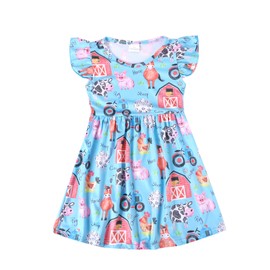 Toddler Girls Farm Cow Pig Animal Printed Dresses Ruffle Bottom Flutter Sleeve Apparel 3-4T