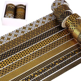 Juego de 10 Rollos de Cinta Washi Adhesiva Decorativa - Lámina Dorada Para Arte, Diarios, Embalaje de Regalo - Anchas y Bonitas (Black Classic)