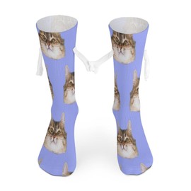 1 Pair Soft Socks White Holding Hands, Compression Knee High Stockings Long Athletic Circulation 16x3.9 in Print Cat's Heads on Blue Seamless