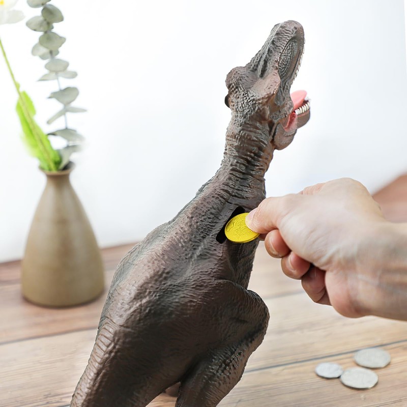MASSJOY Resin Brown Dinosaur T-Rex Piggy Bank, Boy Birthday Present.