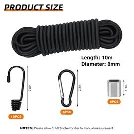 10M Elastic Cord, 5/16" Thick Shock Cord Heavy Duty 32Ft Elasticated Shock Cord Black Bungee Cords with Hooks and Carabiner for Caravan Cargo Craft Rack (8mm x 10M, Black)