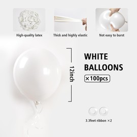 BAUANOOY 100pcs White Balloons 12 inch, White Latex Balloons with White Ribbon for Engagement Bridal Shower Bachelorette Birthday Wedding Party Decorations