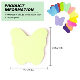 12 Colours Coloured Sticky Notes, Sticky Notes, Coloured Sheets Notepad, Super Sticky Notes for Office, Home, School, Meeting (Butterfly + 600 Sheets + 70 x 70 mm)