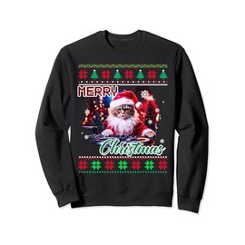 Ugly Christmas Sweater Cat DJ Funny Christmas Jumper Sweatshirt, black