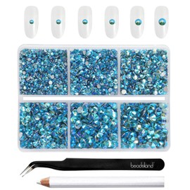 Beadsland 4300pcs Flatback Rhinestones,Blue Rhinestones Nail Gems Round Crystal Rhinestones for Crafts,Mixed 6 Sizes with Picking Tweezers and Wax Pencil Kit, SS6-SS20,Aquamarine AB