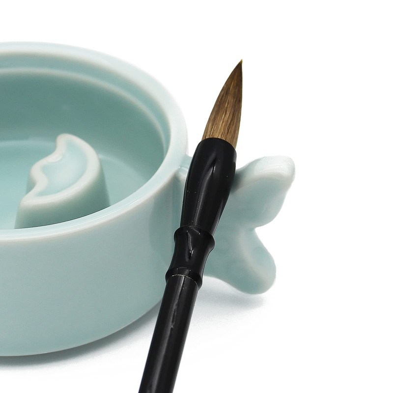 Sumiike Celadon Round Inkstone, Calligraphy Liquid, For Kanji (Medium) Brush