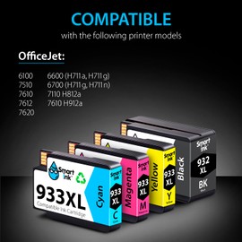 Smart Ink Compatible Ink Cartridge Replacement for HP 932XL 933XL 932 XL 933 XL 4 Combo Pack (XL Black, Cyan, Magenta Yellow) to use with HP Officejet 6100 6600 6700 7110 7510 7610 7612 7620 Printers