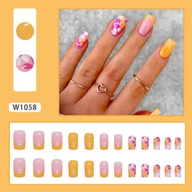 Vezocim Press on Nails Coffin with Flower Designs, 24Pcs Artificial Short Square Fake Nails with Glue, Full Cover Glossy Acrylic Floral False Nails, Stick on Fingernails for Women (W1058)