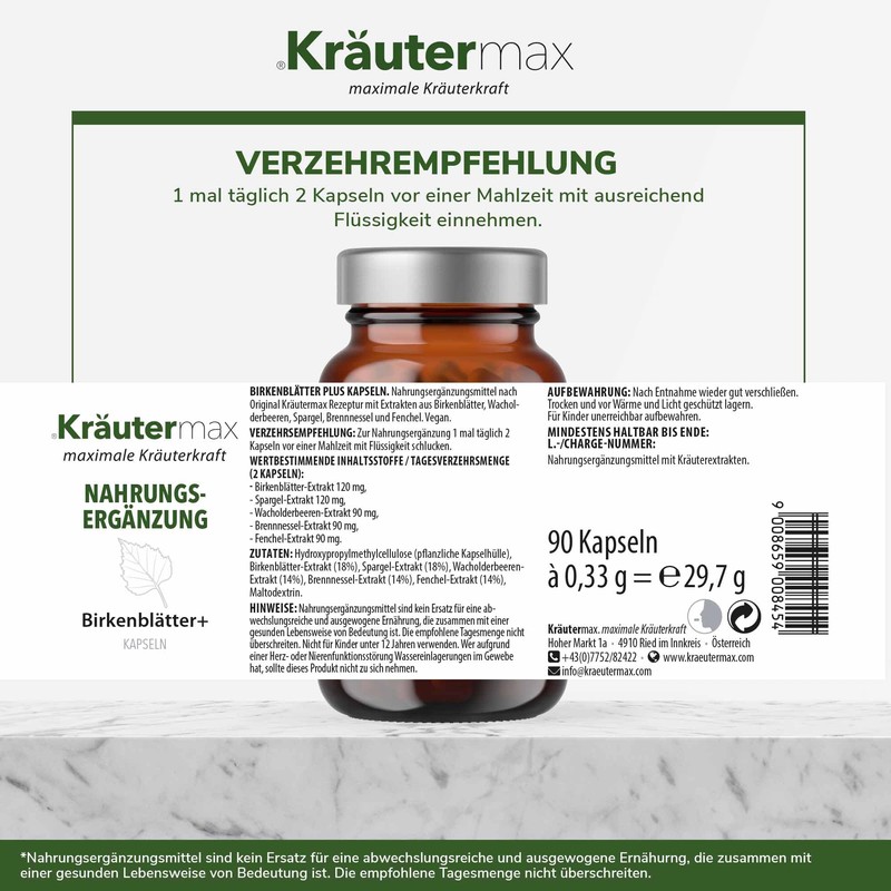 Kräutermax Birch Leaves Plus Capsules, Birch Leaf Extract with Fennel,