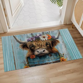 Plistiz Highland Cow Floral Crown Indoor Door Mat, 17x29.5 Inch, Floor Area Rug for Entryway, Living Room, or Bathroom, Non-Slip Doormat, Adorable Farm Animal Design with Rustic Home Decor Rug Gifts