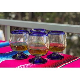 Mexican Hand Blown Glass – Set of 4 Hand Blown Cognac Snifter Glasses - Cobalt Blue Rim