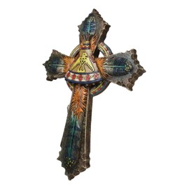 Ebros Gift Southwestern Tribal Native Indian Feathers Teepee and Sacred Eagle Symbol Faux Wooden Rustic Wall Cross As Inspirational Christian Accent Decor Plaque