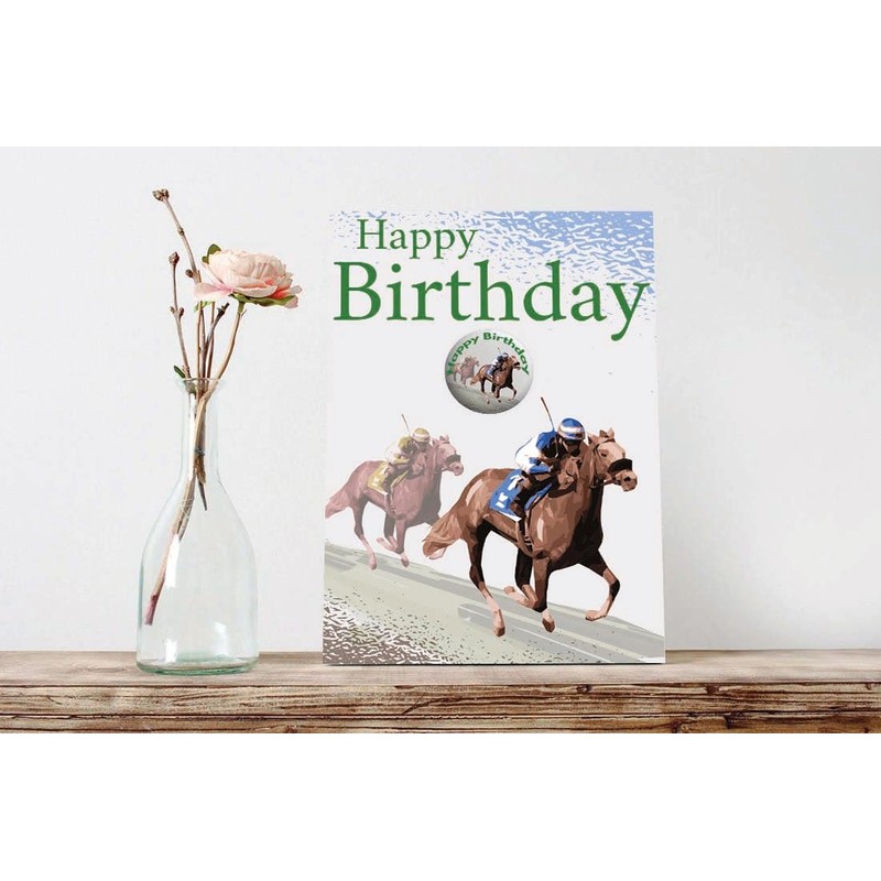 AK Giftshop Horse Racing Birthday Card With Badge