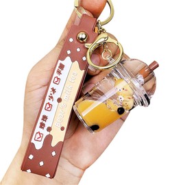 HSYHERE Men Women Interesting Floating Milk Tea Brown Bear Lucky Bottle Keychain Keyrings, Bubble Tea Bear Moving Liquid Sand Car Key Chain Key Ring Bag Pendant Decoration Key Holder -Round Cup